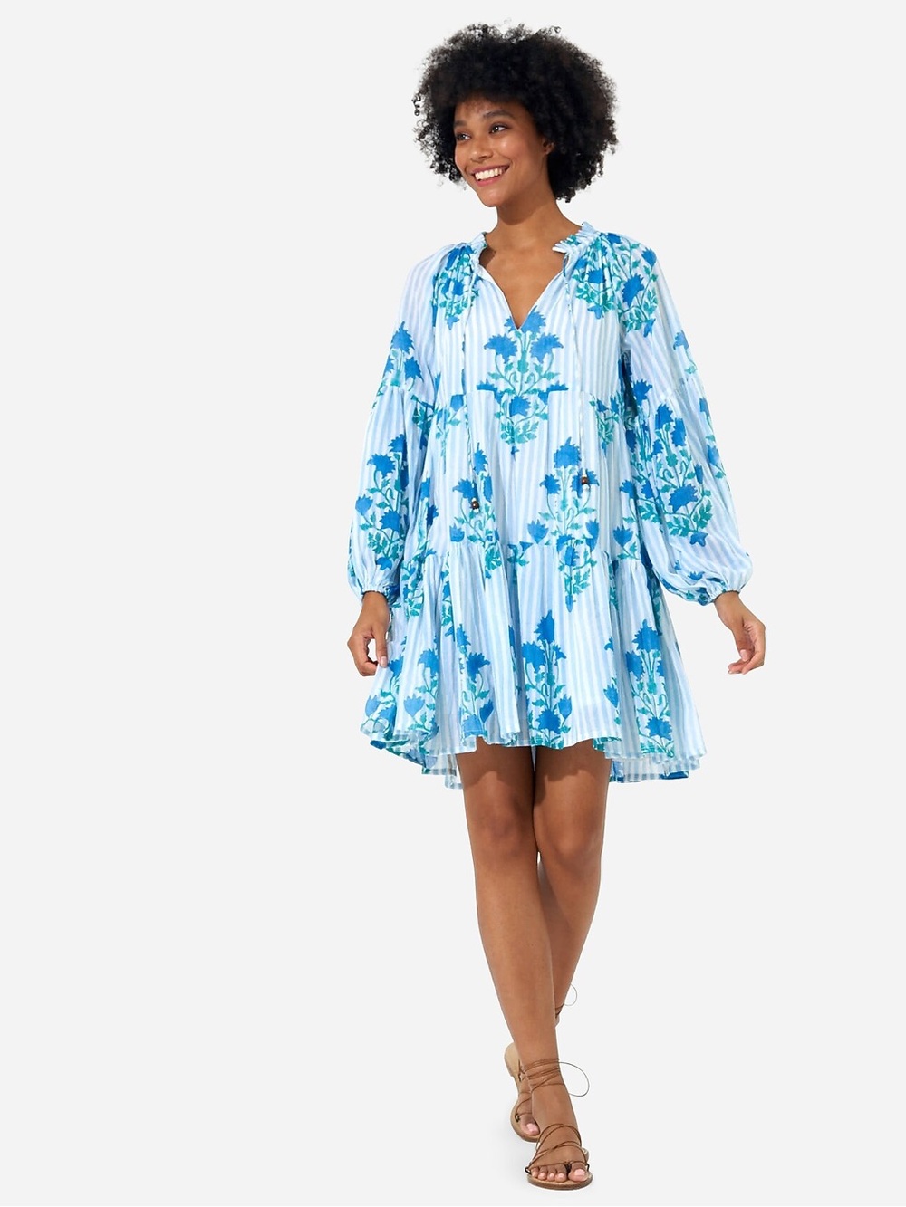 Oliphant Jaipur Blue Stripe Floral Cotton tiered trapeze Mini Dress S breezy